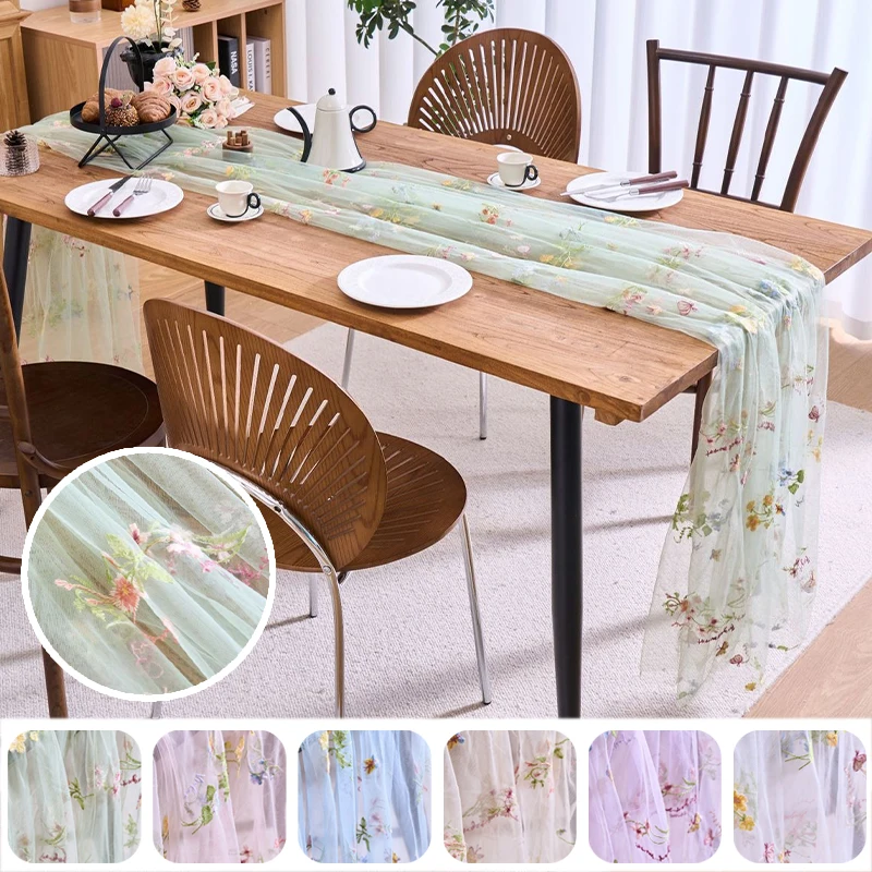 

Tulle Fabric Table Runner with Floral Embroidery Mesh Lace Tablecloth for DIY Dress Clothing Wedding Party Background Decoration