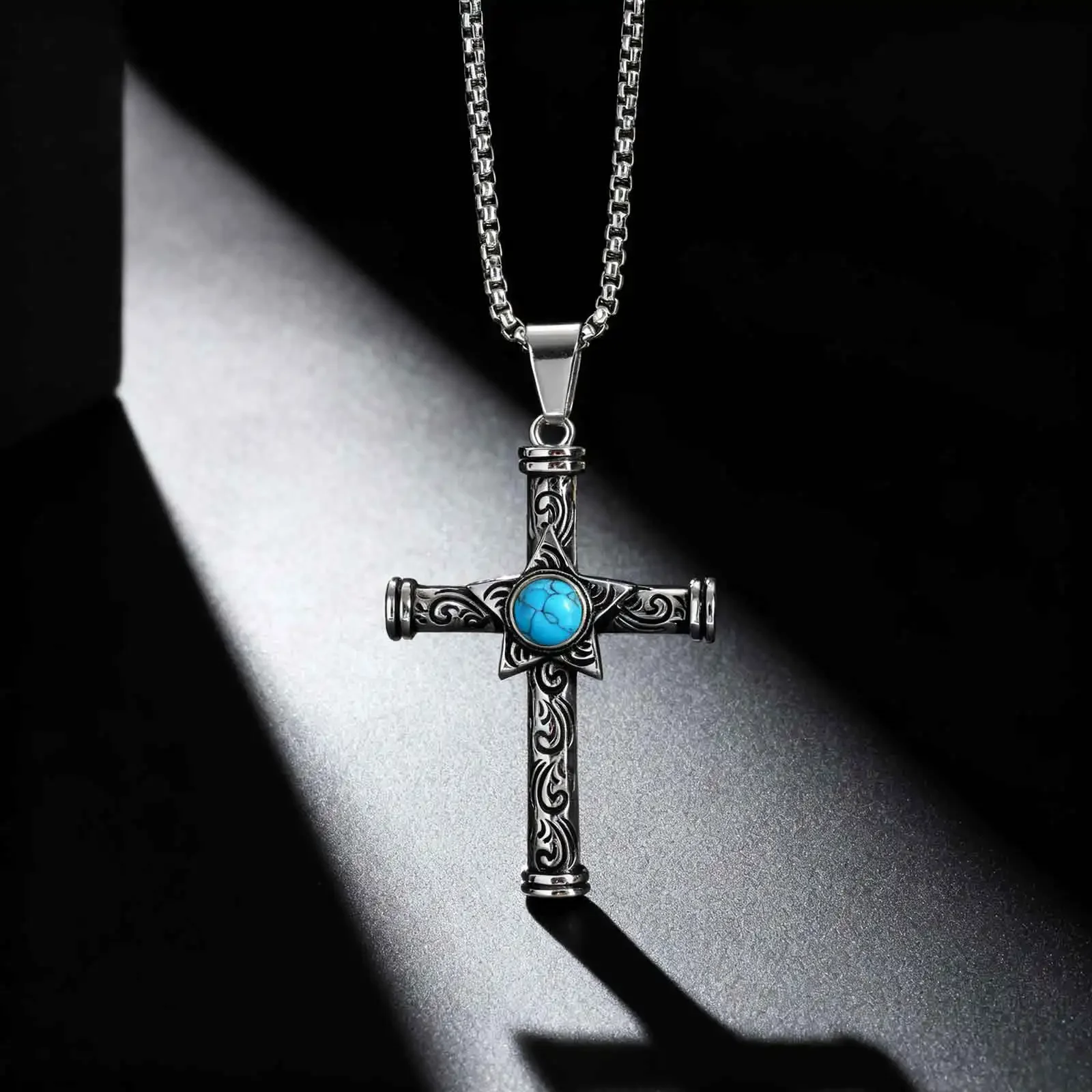 Fashion Natural Stone Turquoise Cross Pendant Necklace, Stainless Steel Chain Necklace, Personality Vintage Jewelry for Men Gift