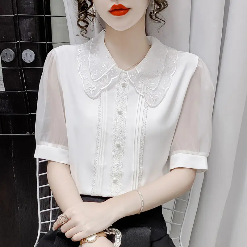 Fashion Women\'s Chiffon Shirt Summer Wild Short Sleeve Gauze Pullovers Elegant Women Slim White Urban Office Wear Blouses 2022