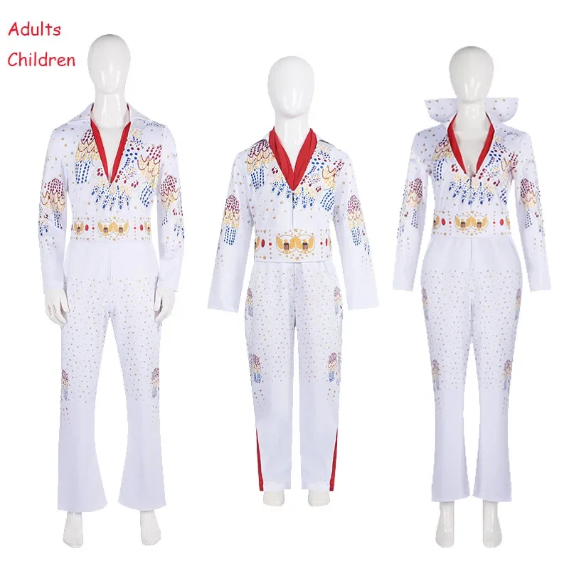 Movie Presley Cosplay Costume Diamond Rock Singer Cosplay Adult Children White Printed Jumpsuit Suits Halloween Costume