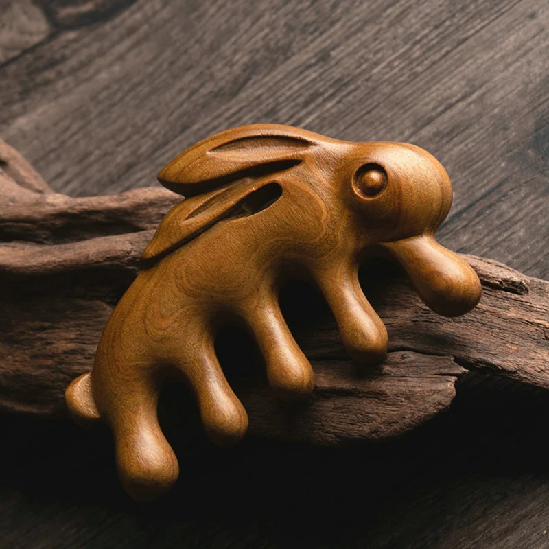 Pente de massagem meridiana corporal, sândalo verde, formato de coelho, 5 dentes, terapia de acupuntura, antiestático, pente de cabelo liso, 1 peça