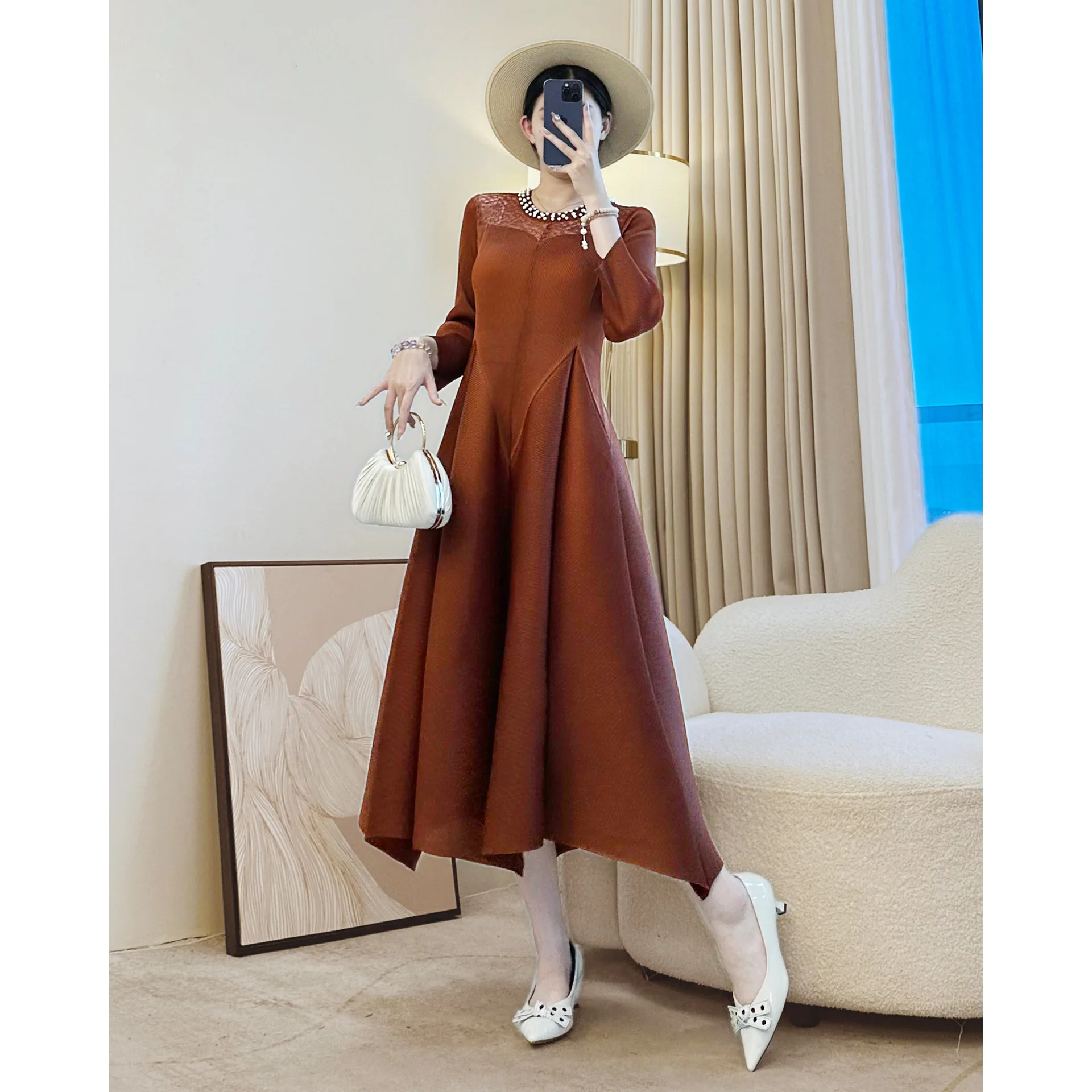 خريف جديد ريترو أنيق مرصع بالألماس فستان كاجوال للسيدات مصنع الجملة فستان مطوي #6