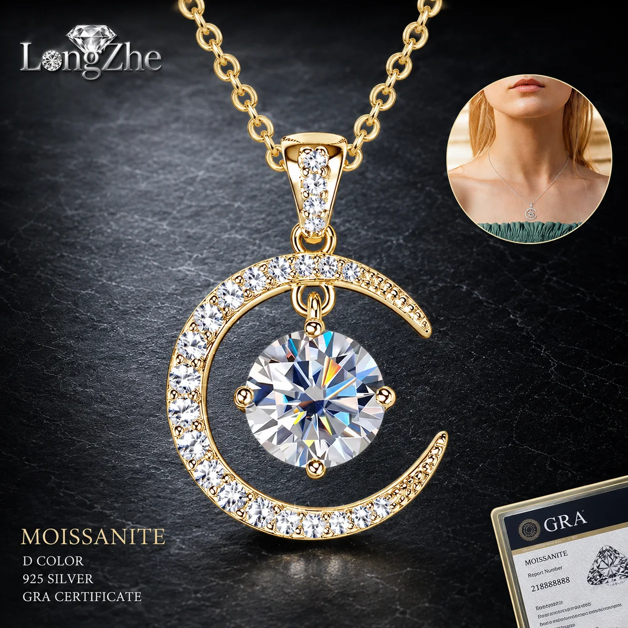 

S925 Sterling Silver Moissanite Crescent Moon Necklace Dancing Stone Pendant Gold Silver Tone Fine Jewelry Gift for Women