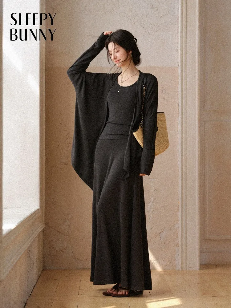 

Women Three Piece Skirt Set Elegant Cardigan Top Slim Fit Tank High Waist Mermaid Skirt Outfit Matching Set Lady Chic Daily Wear