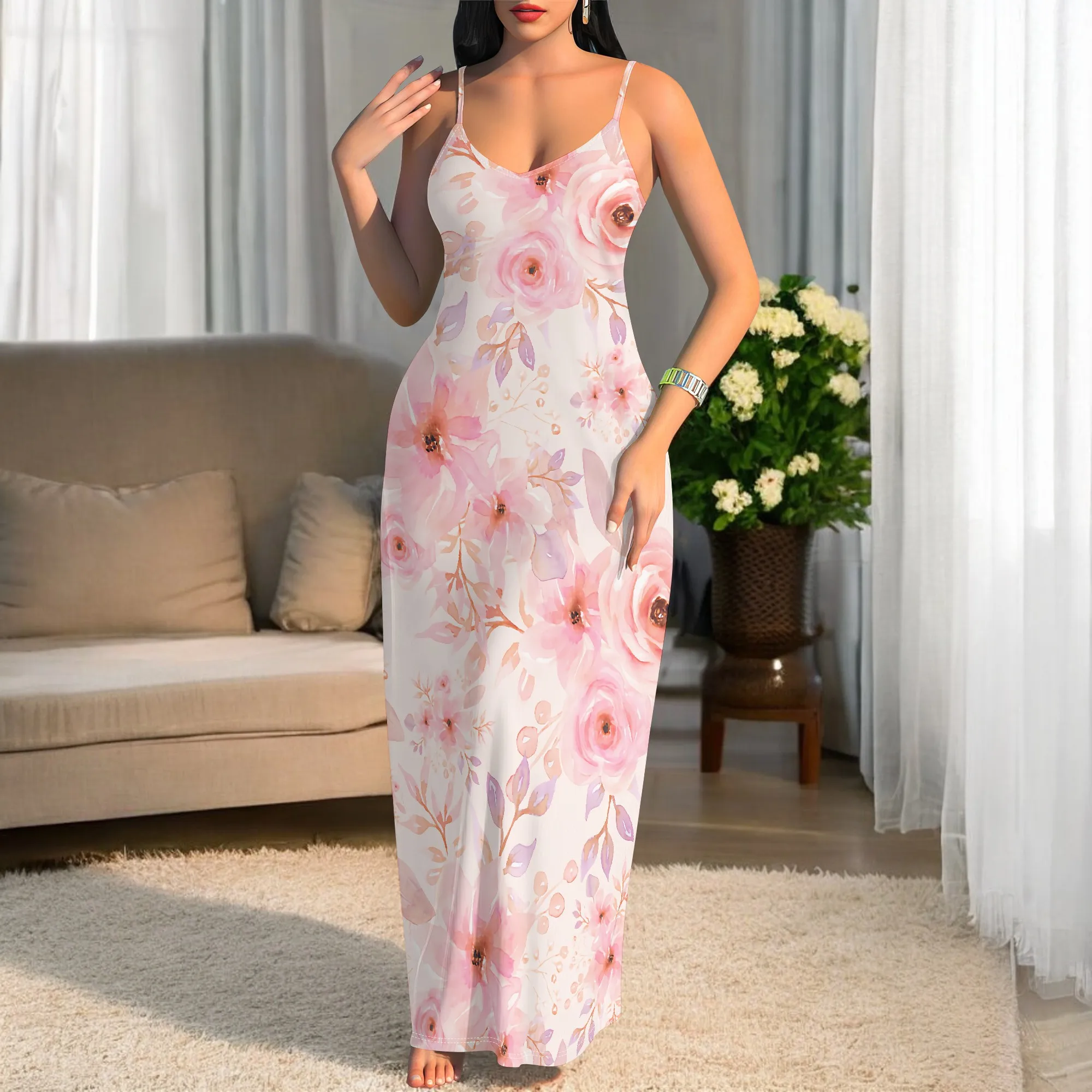 

Womens Summer Casual Slip V Neck Long Dresses Spaghetti Strap Sleeveless Bodycon Romantic Watecolor Floral Pattern Maxi Dress