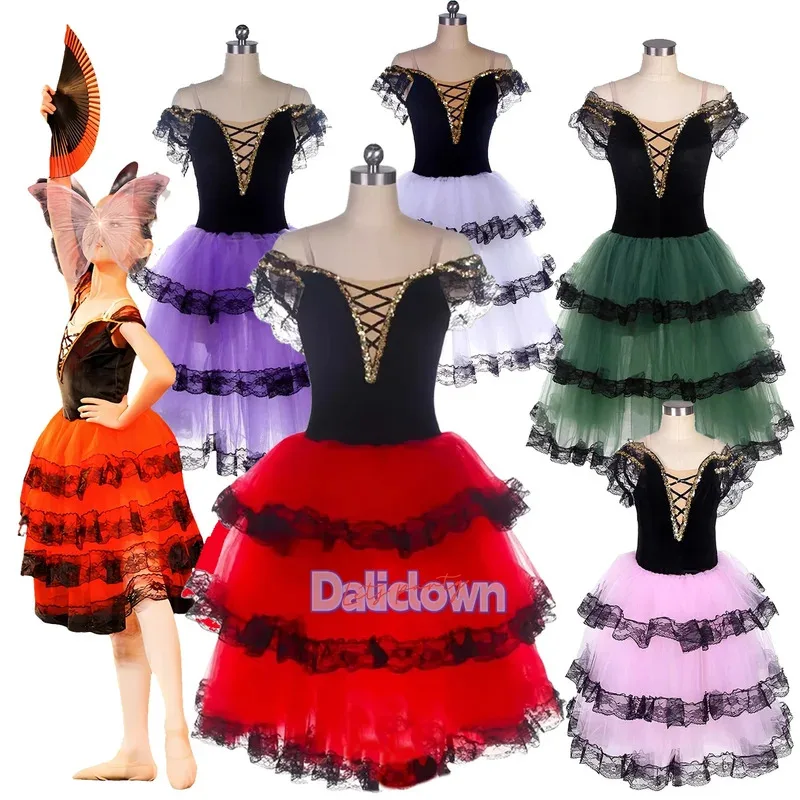 

Professional Ballet Romantic Tutu Long Skirt Black Red Dance Spain Dress Girl Adult Kid Don Quixote Ballet Performance Costume