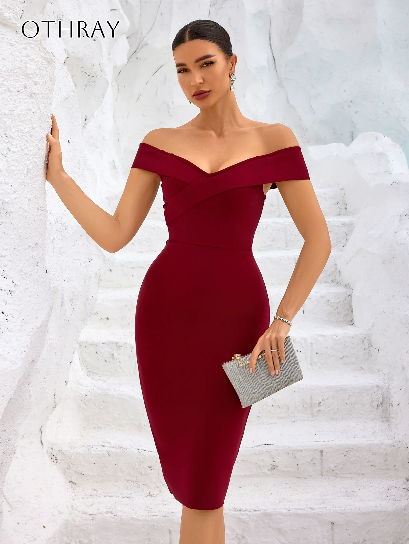 غمد الساتان قبالة الكتف فساتين كوكتيل قصيرة طول الركبة مطوي مخصصة شارون سعيد فساتين سهره #3