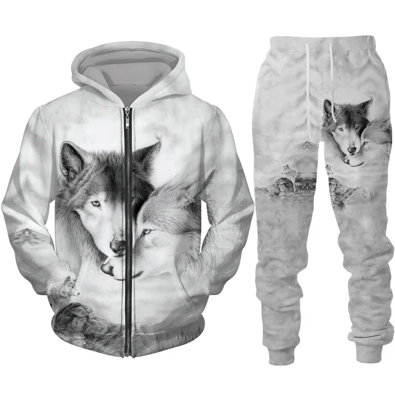 Zipper Hoodie Suit Animal Wolf 3D Print Men Tracksuit/Pants Casual Streetwear Long Sleeve Oversize Autumn Winter New Hot-selling