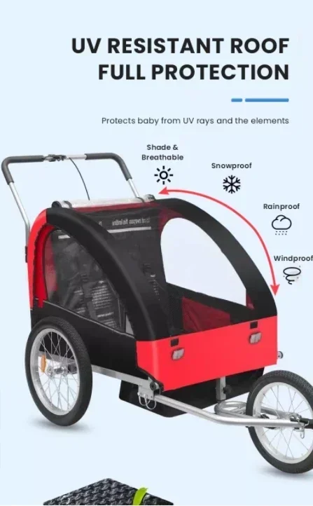 Carrinho de mão de assento duplo infantil, função dupla de reboque de bicicleta, uso externo, três rodas, reboque de viagem à prova d'água