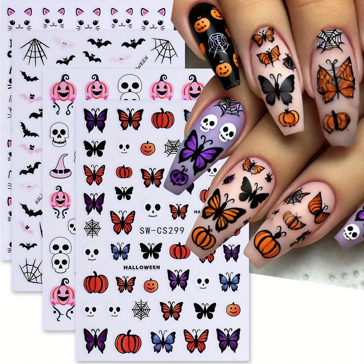 4pcs Adorable Halloween Element Nail Decal Decor Skull Butterfly Pumpkin Spider Web Bat Cat Design Foil Holiday Manicure Sticker