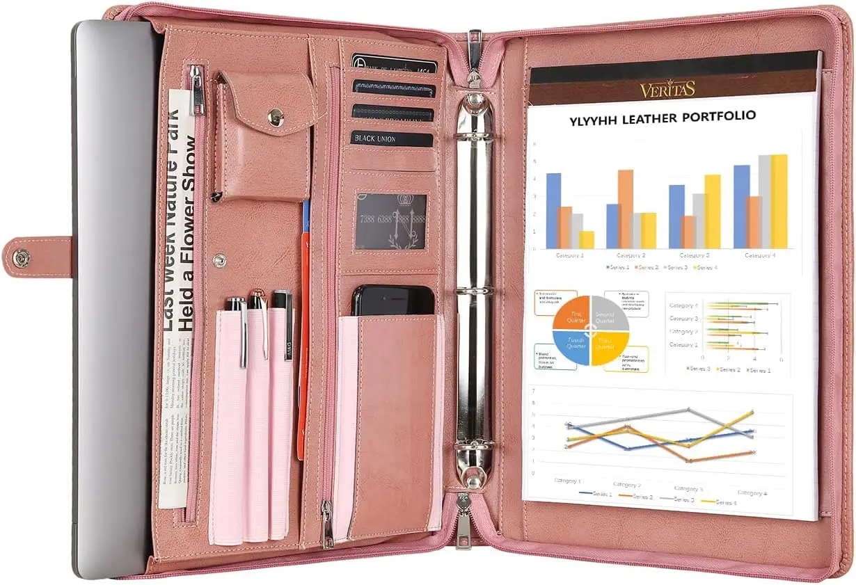 

Leather Padfolio for Women, Business Binder with Zipper, Holds A4 Notepad & 13-inch Laptop/Tablet