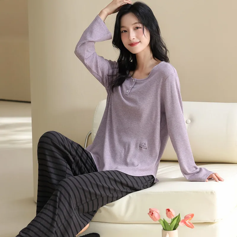 

Korean Striped Long Sleeve Women's Pajamas Set Modal Cotton Spring Autumn Home Clothing Lounge Sleepwear Pijamas Suit Female