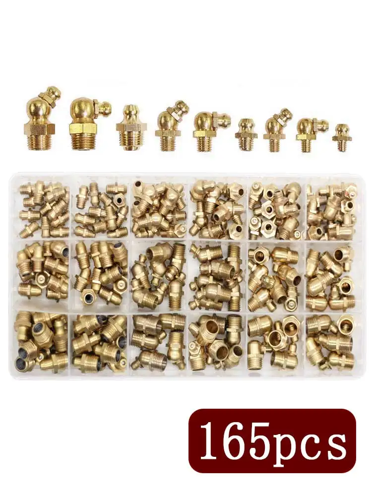 165pcs Hydraulic Grease Brass Zerk Fitting M6M8M10 Assortment Kit-Straight 90-Degree 45-Degree Straight Type Grease Nipple Set