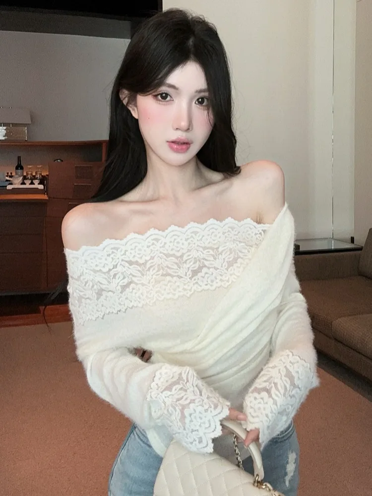 

Korean Design Sensation Soft Long Sleeve Knitted Lace Splicing Base Shirt Women's Autumn Winter New Fashion Top Elegant Style...