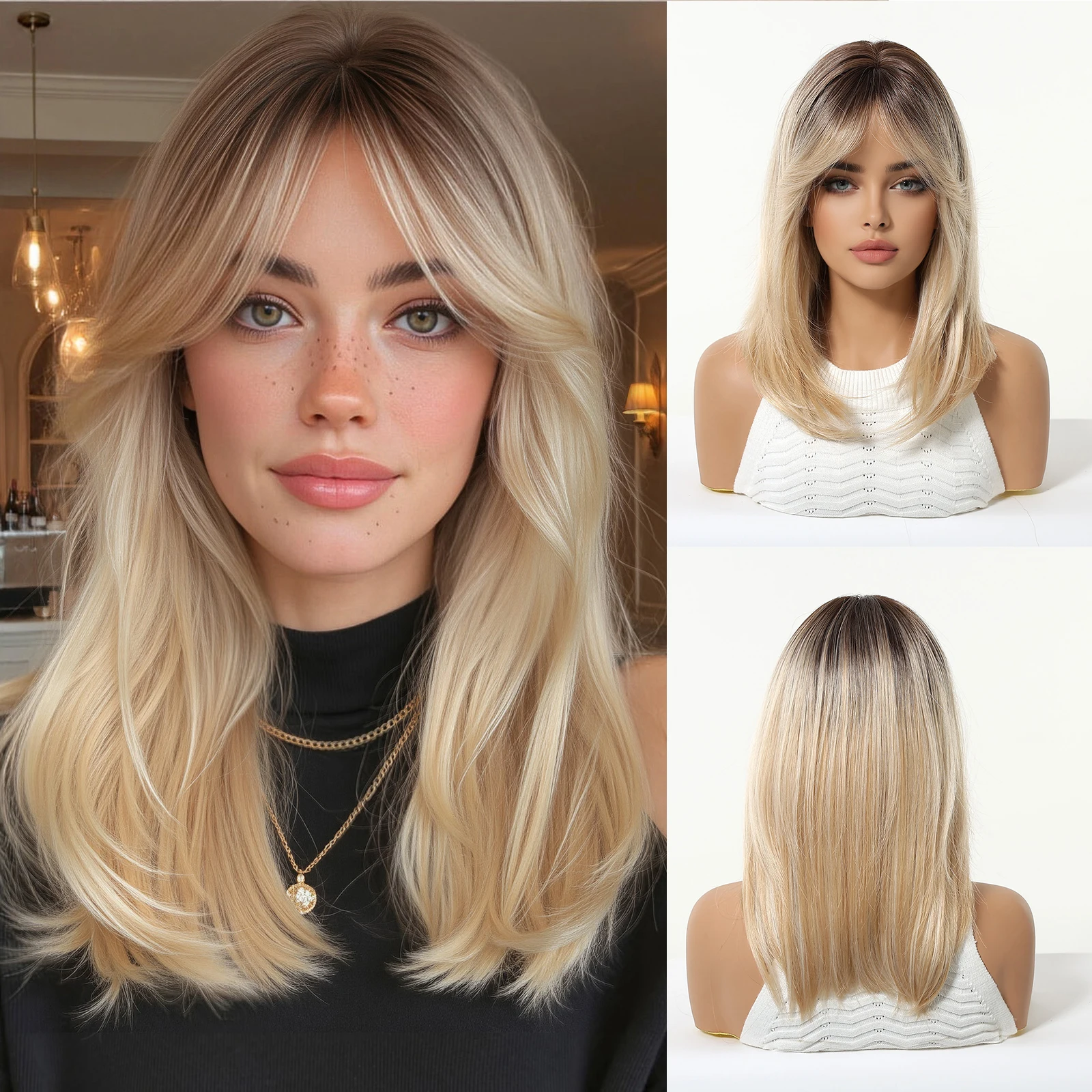 

Блондинка, платиновые синтетические парики средней длины, прямые парики с темными корнями и челкой для женщин, для повседневного использования, термостойкое волокно для вечеринок