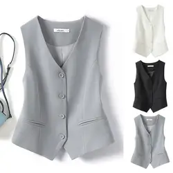 Women Fashion Front Button Fitted Waistcoat Vintage Sleeveless Welt Pockets Female Outerwear Chic Vest Tops
