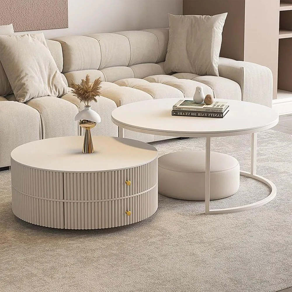 Nesting Coffee Table Set of 2 with Leather Stool - Ivory Wood Grain Circular Embossed Design Coffee Table with 2 Drawers