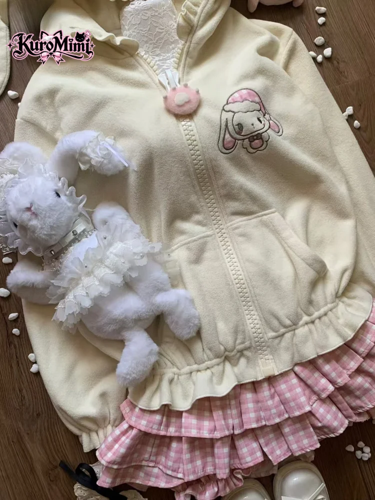 Sweet Kawaii Harajuku Zip Up Hoodie Women Rabbit Ear Pink Gingham Lace Trim Cartoon Bunny Ruffle Hem Oversized Casual Outfit New