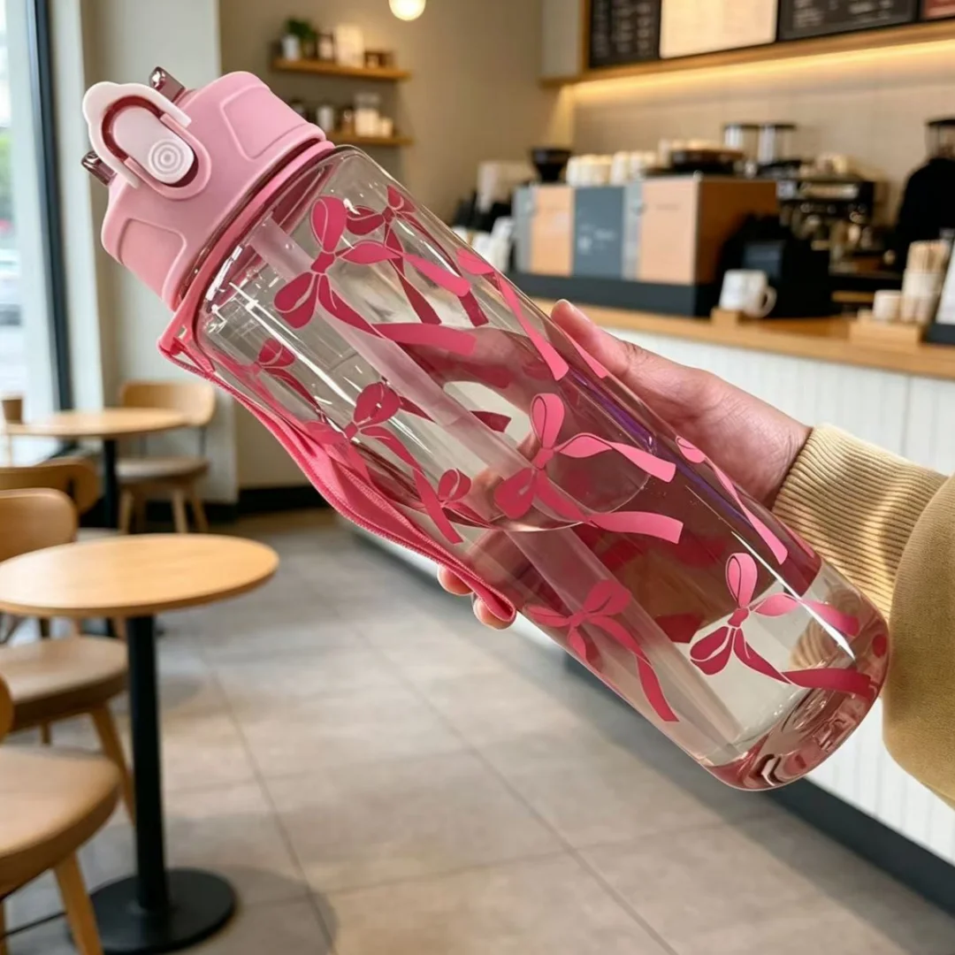 Cute Bow & Flower Minimalist Water Bottle with Premium Texture, Lightweight and Leakproof, Equipped with Portable Lanyard, Large