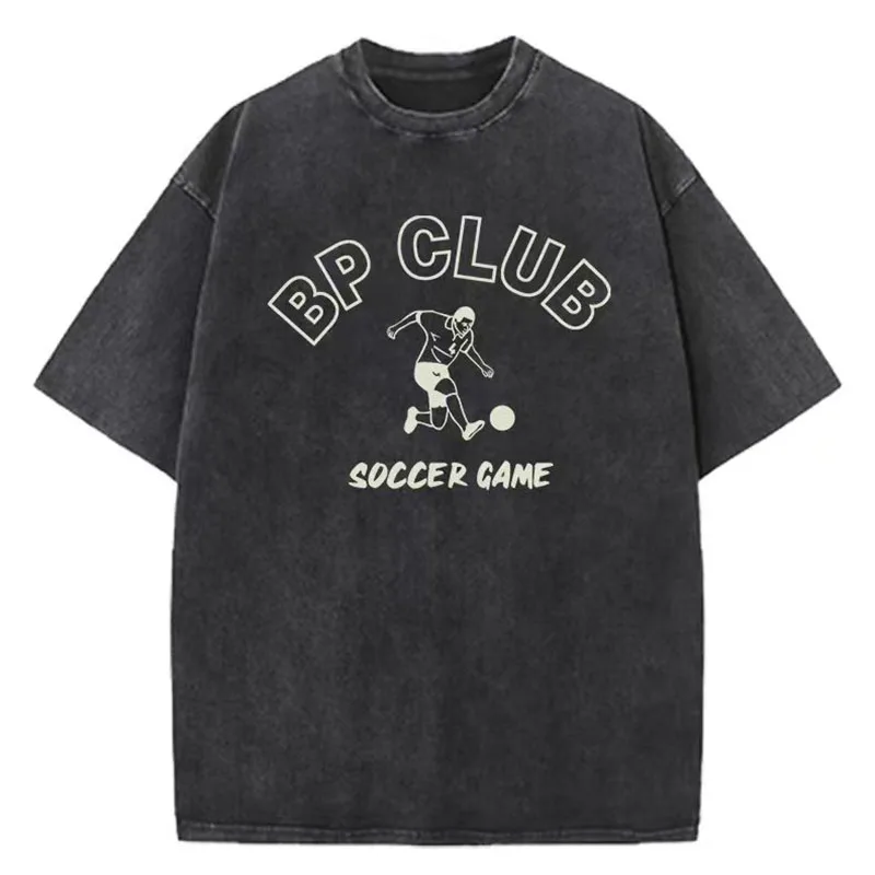 Men's summer short-sleeved washed vintage 230g weight football pattern cotton T-shirt, 100% pure cotton, casual and loose fit