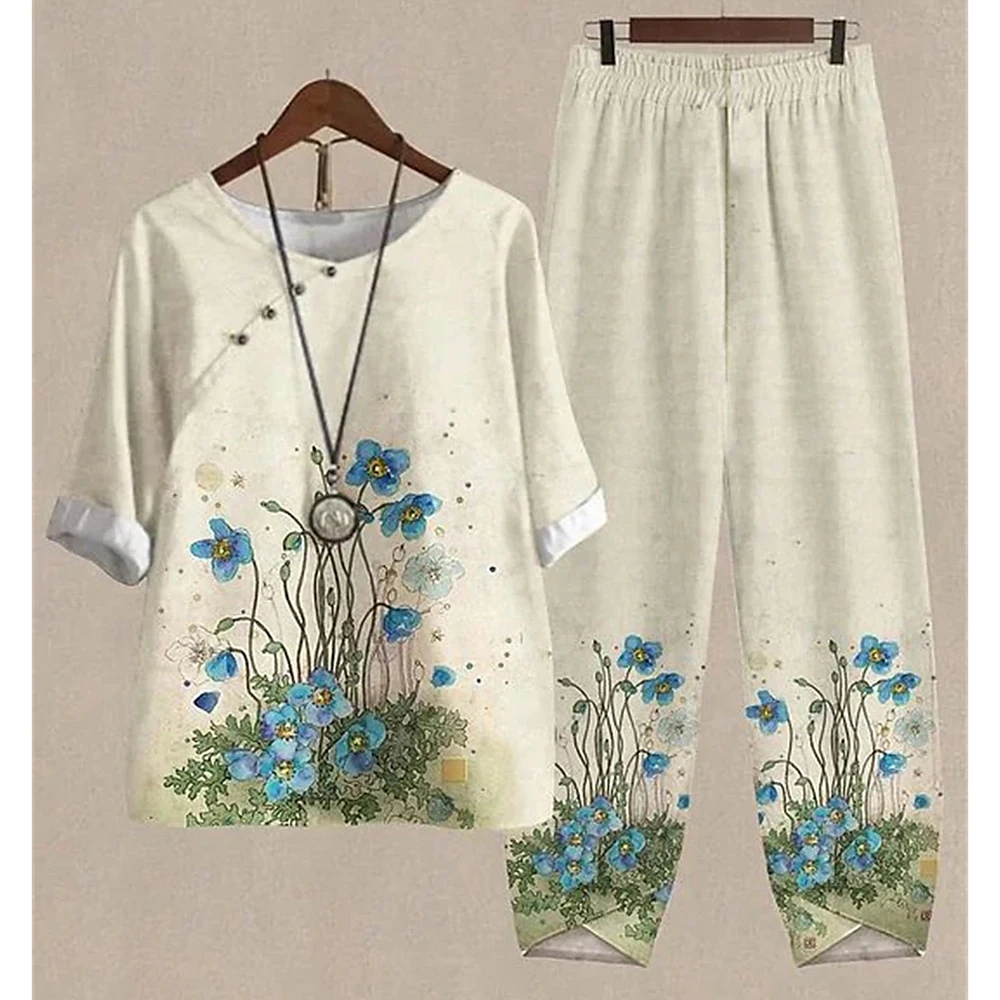 Women Round Neck Short Sleeve Suit Flower Print Elegant Two Piece Sets Female Outfits High Waist Loose Pants Ladies Suit Summer