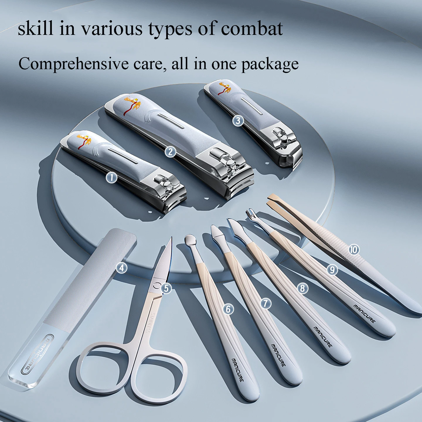 

A 10-piece set of stainless steel nail tools, including portable nail clippers, diagonal pliers, eyebrow shears and ear spoons