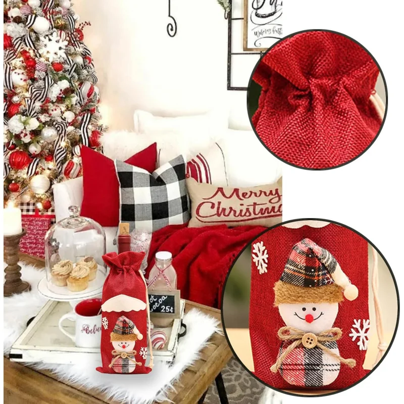 حقيبة زجاجات النبيذ الخيش القابلة لإعادة الاستخدام، تصميم رجل الثلج سانتا الرنة لعيد الميلاد، مثالية لحفلات العطلات وحفلات الزفاف وأعياد الميلاد