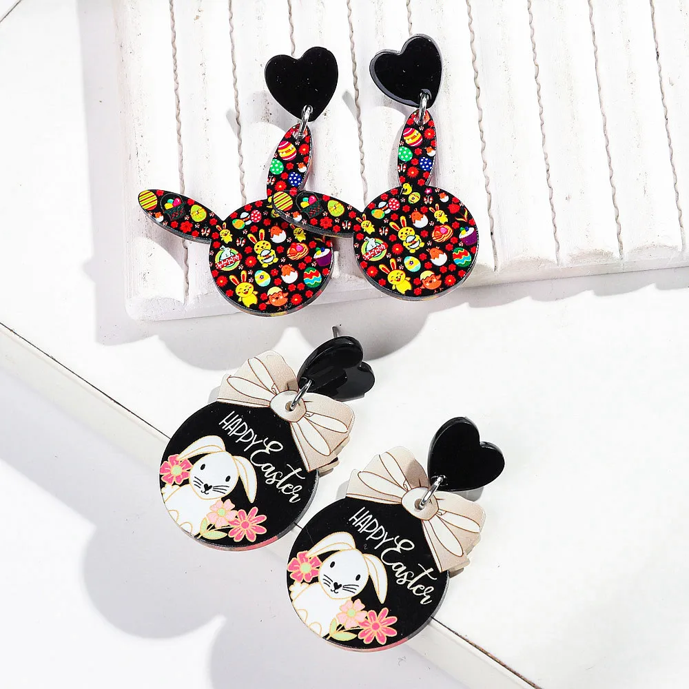 New Funny Cartoon Bow Bunny Acrylic Earrings for Women Cute Cartoon HAPPY EASTER Rabbit Head Drop Earring Creative Jewelry Gift