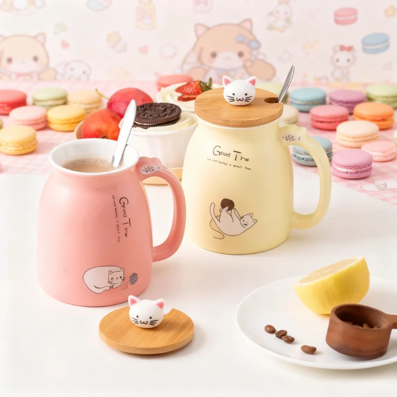 Keramik-Kaffeetasse, niedliche Cartoon-Milch-Hafer-Frühstückstassen mit Holzdeckel und Edelstahl-Löffel, hitzebeständige Tassen, Geschenke