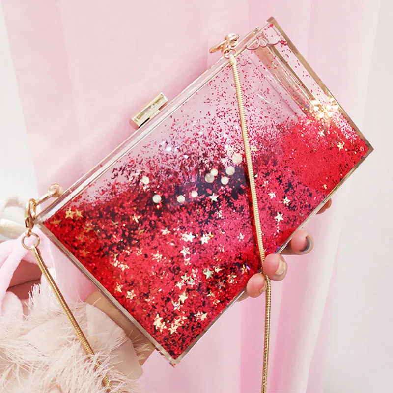 INS Red Sequined Transparent Clutch Women Pvc Box Bag Women Party Evening Purse Shoulder Bags Hard Day Clutches Bags Wedding New