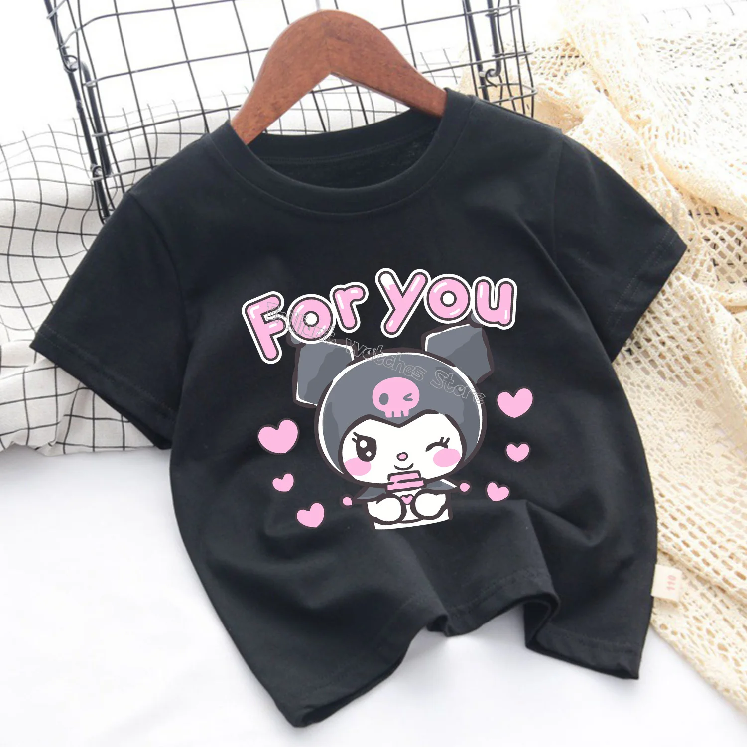 Kuromi T-shirt for Children Cute Sanrio Cartoon Clothes Fashion Fashion Anime Print Clothing Girls Top Kid Summer Black Tee Gift