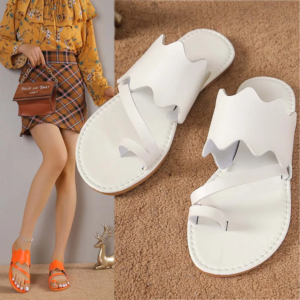 Round Head Flat Slippers With Wave-Strap Non-Slip Comfortable Beach Shoes For Beach Party