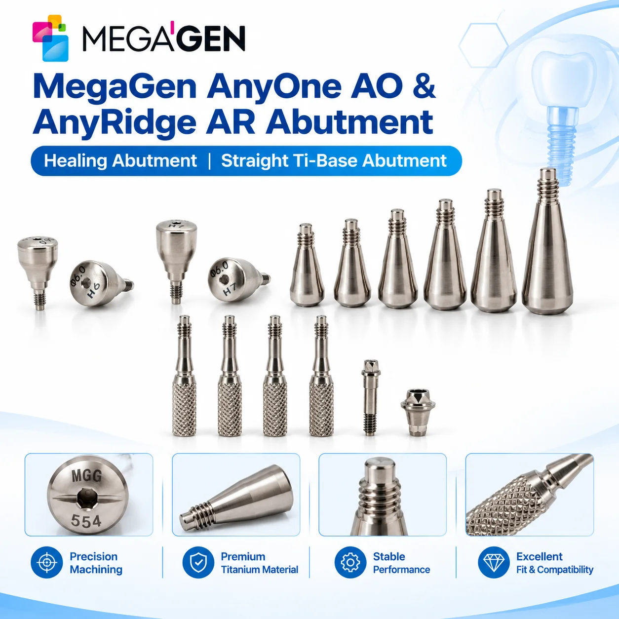 MegaGen AnyOne AO & AnyRidge AR Healing Abutment | AO Straight Ti-Base Composite Abutment Dental Implant Components