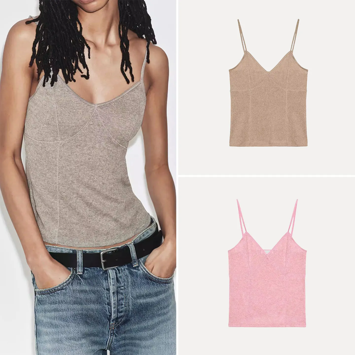 

Женский модный облегающий топ с V-образным вырезом, трехцветный, прямой крой, весна 2026, повседневный стиль, укороченный, из микроэластичной ткани, для ежедневной носки