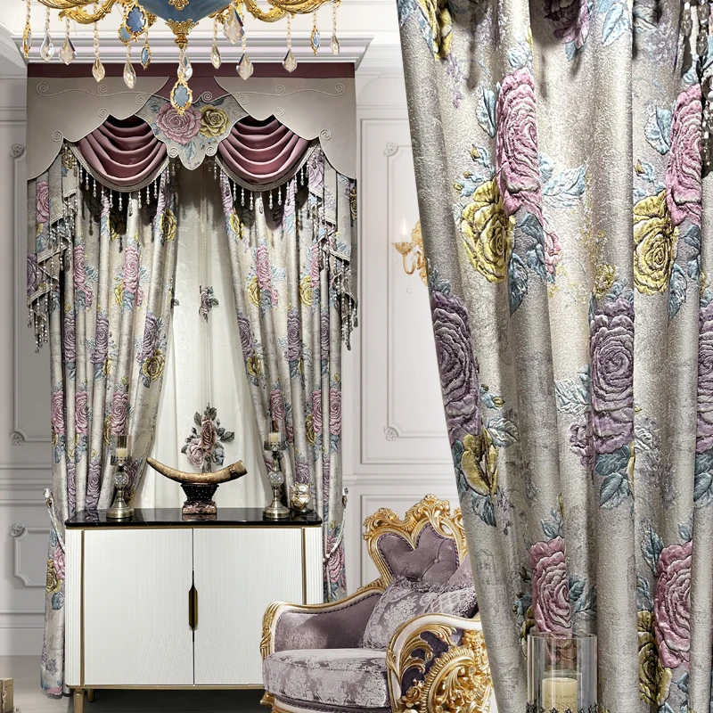 

Custom curtain European high-grade luxury shading Emboss chenille thick bedroom blackout curtain tulle valance drape M1514