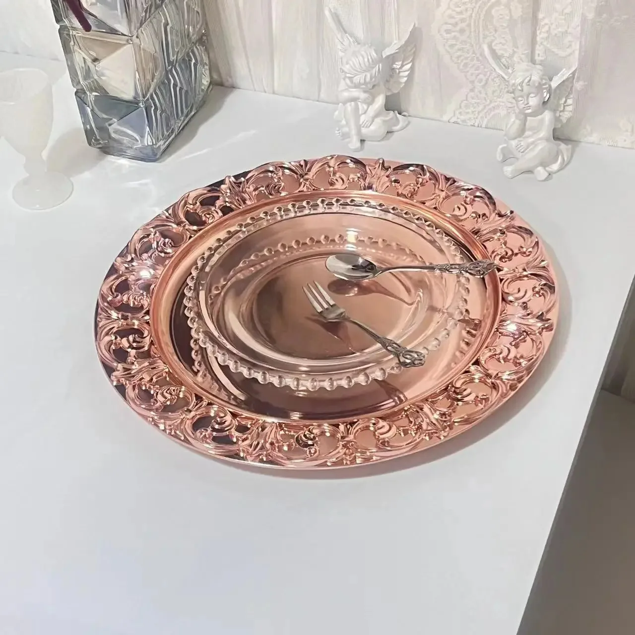 

100 PCS Charge Plate 13 Inches Rose Gold Wedding Centerpieces Event Party Decoration Tableware Tray Show Salver