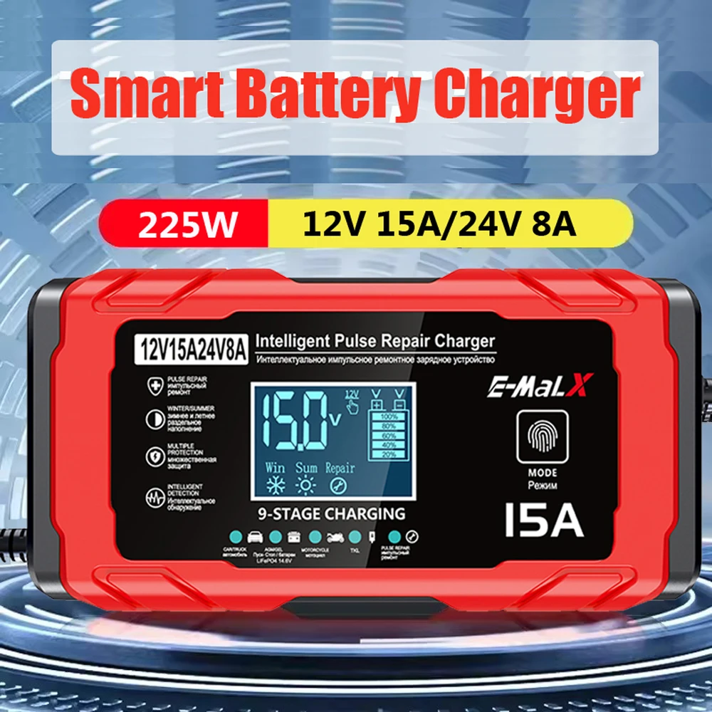 

Интеллектуальное зарядное устройство 12В 15А/24В 8А для быстрой зарядки автомобильных аккумуляторов с импульсным восстановлением для AGM, GEL, WET, свинцово-кислотных аккумуляторов