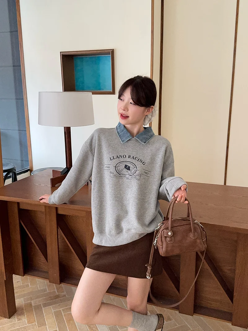 レディース フェイクツーピース パーカー 韓国風 ポロ襟 長袖 ゆったり 厚手 暖かいトップス グレー 漫画プリント 秋冬 カジュアル ファッション