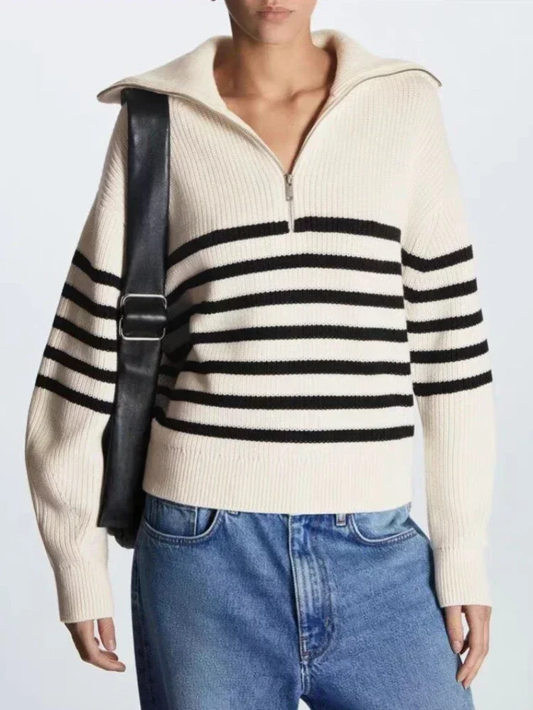 Woman Jumper Loose Stripe Knitting Casual New Sweaters for Women Long Sleeve Korean Fashion Zipper Women\'s Sweater 2024