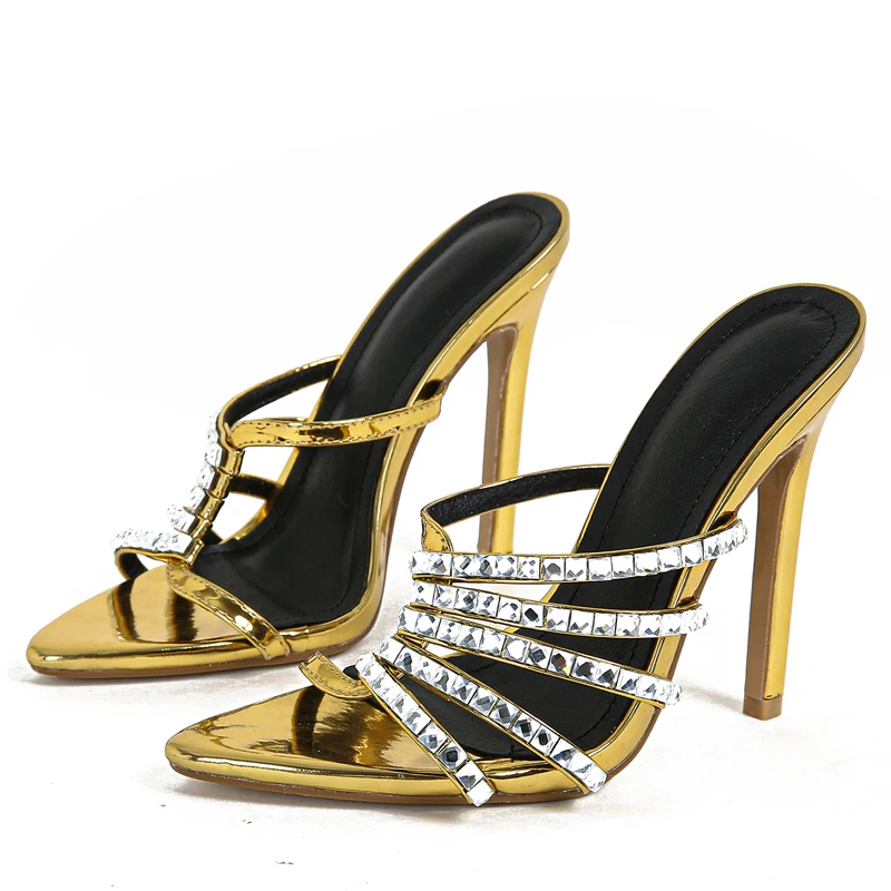 Eilyken Sexy Golden CRYSTAL Thin Heels Slipper Women Summer Fashion Narrow Band Pointed Toe Slides Stripper Sandal Mule Shoes