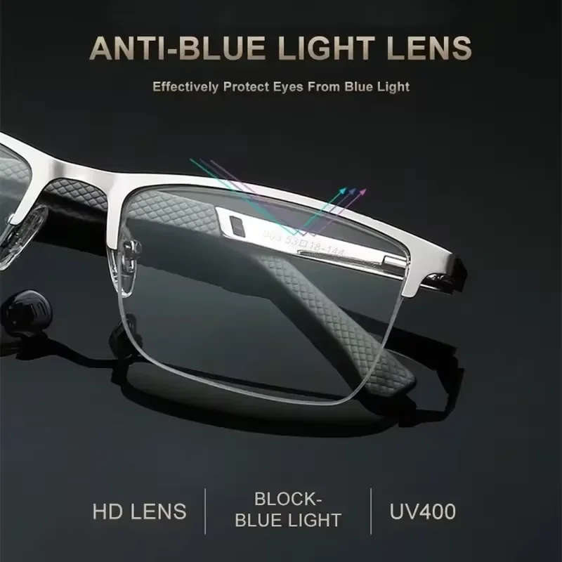 Men's Half-frame Business Reading Glasses Anti-blue Light Anti-fatigue Metal Frame Presbyopia Glasses +1.0 To +4.0