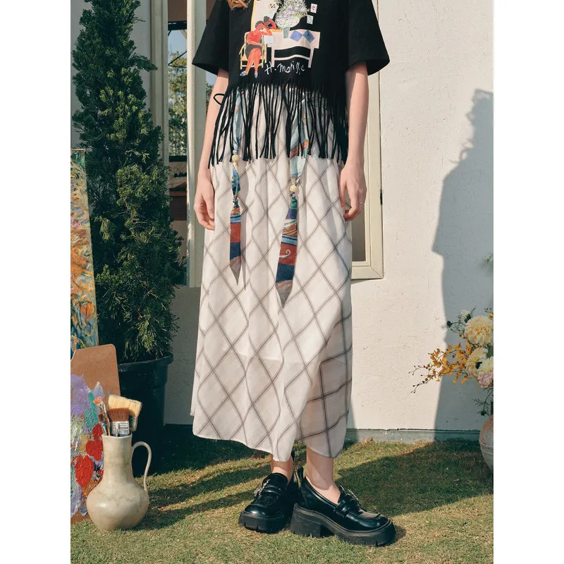 

Summer Lazy Plaid Skirt with Detachable Printed Ribbon - Ethnic Night String Song Style