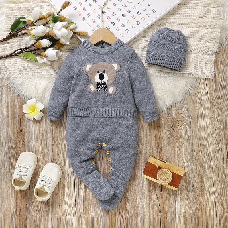 

Newborn Baby Romper Hat Sets Knit Infant Boy Jumpsuit Long Sleeve Cute Bear Toddler Clothes 2PC Overalls 0-9M Playsuit Warm Fall