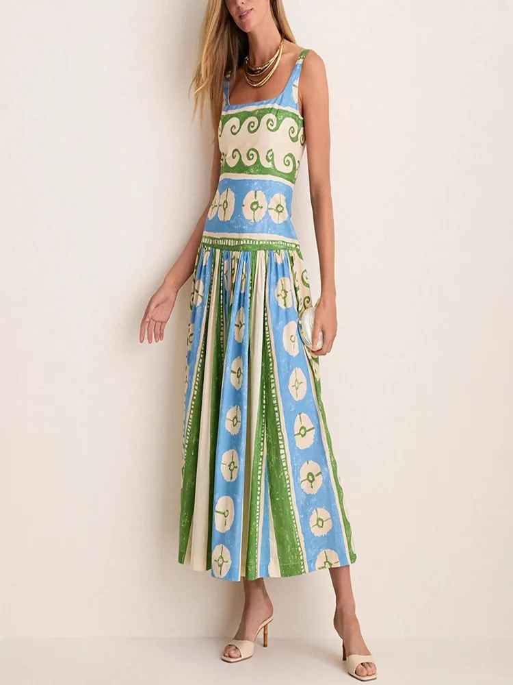 European and American Summer New Luxury Fashion New Linen Positioning Printed Dress Loose Vacation Dress for Women