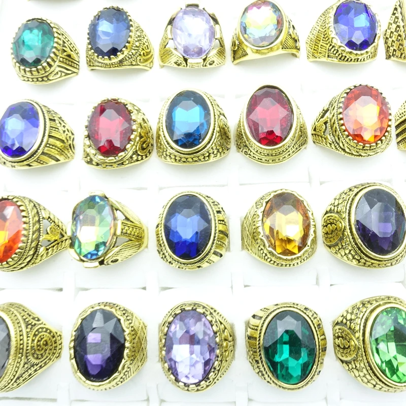 

50PCs Men Women Rings Retro Glass Stone Gold Plated Carved Pattern Ethnic Style Vintage Jewelry Wholesale