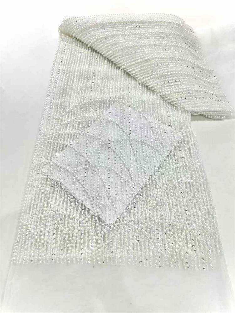 African Heavy Beaded Lace Fabric 2025 High Quality 5 Yards Nigerian Pearl  Groom Fabric Material For Wedding Dress