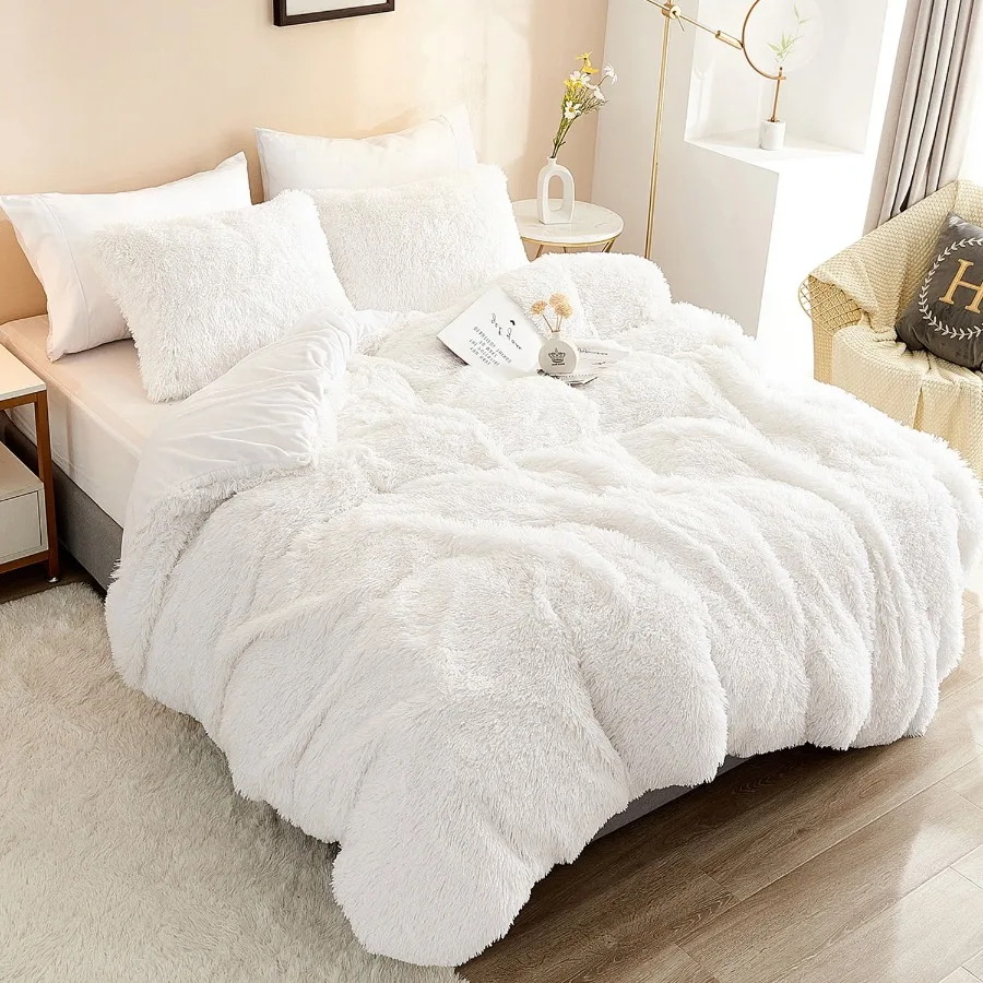 Queen Plush Shaggy Duvet Cover Set With 2 Pillow Shams 2 Pillowcases 5 Piece White