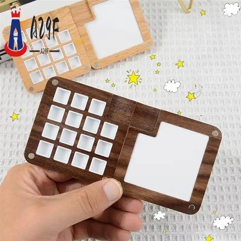 

A29F-15 Grid Portable Sketchbook Palette, Mini Walnut Wood Color Palette Box Travel Watercolor Case For Drawing