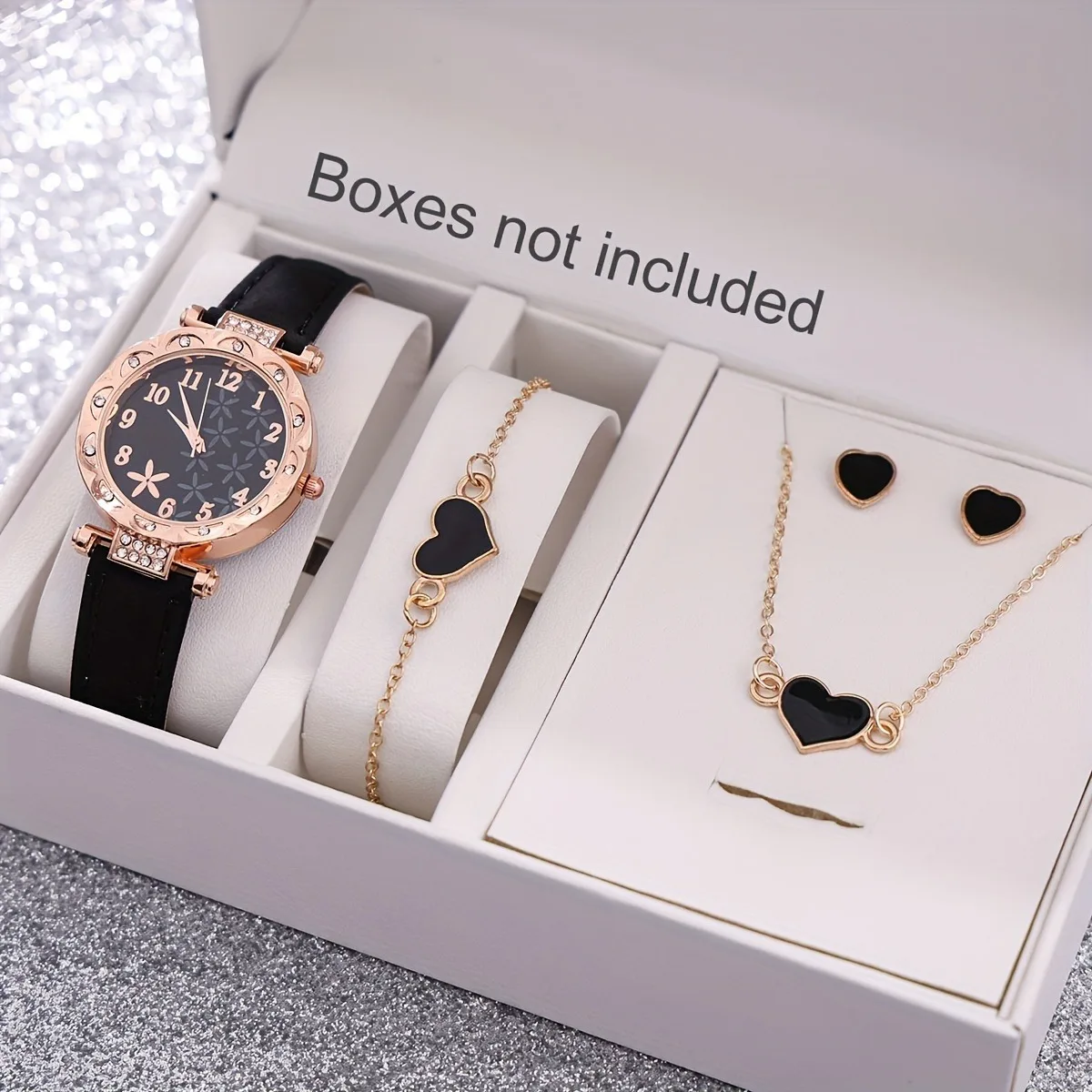 5pcs Quartz Watches For Women Pu Leather Wrist Watch With Black Heart Jewelry Set Great Gift For Her Mom Girlfriend