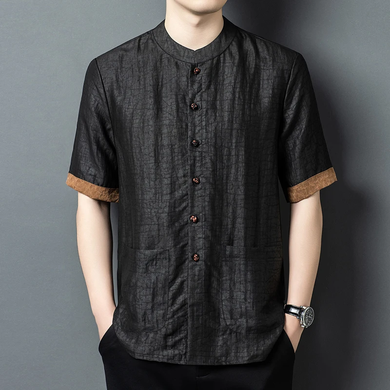 Real Silk 100% Collarless Shirts For Men Short Sleeved Luxurious Summer Quality Skin-Friendly Pocket Easy Care Camisas De Hombre